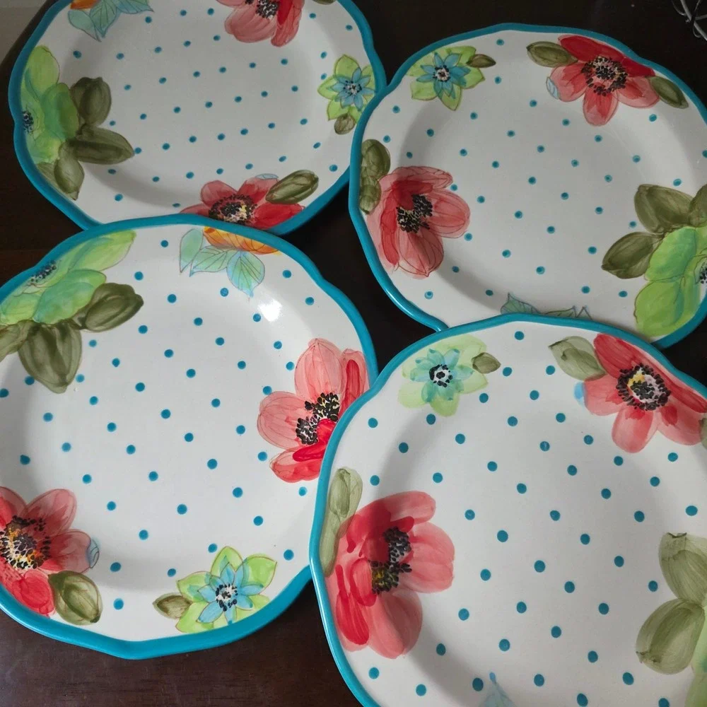 The Pioneer Woman Vintage Bloom Polka Dots Dinner Plates Set 4 Scalloped 10.5in